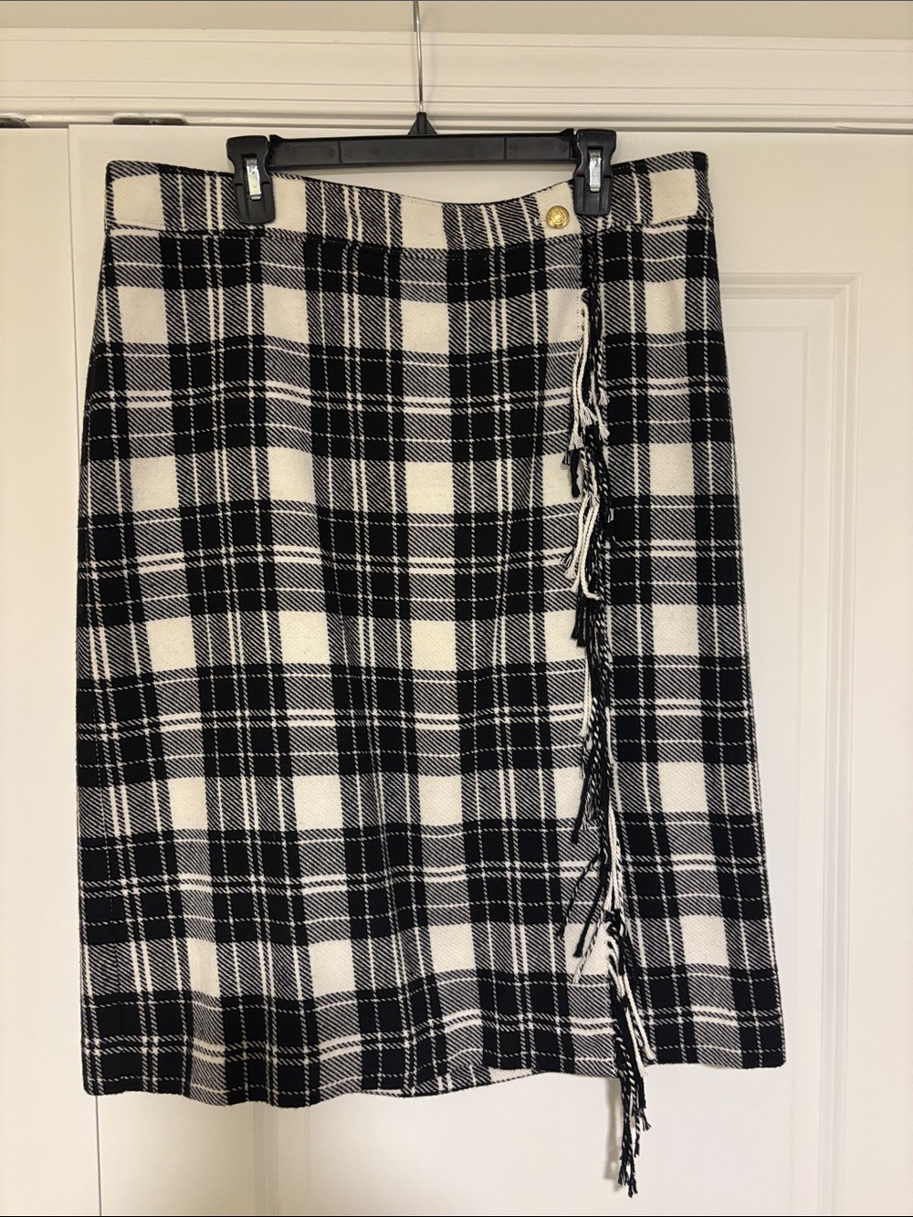 Talbots Black & White Plaid Fringe Wrap Skirt